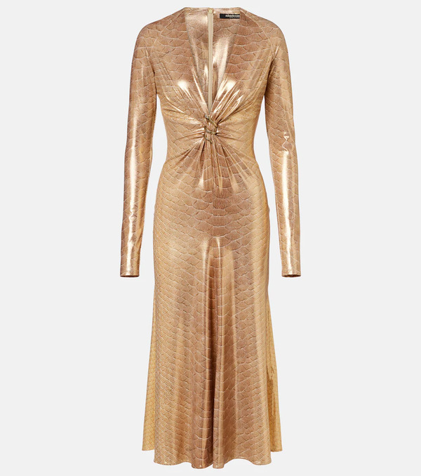  Roberto Cavalli Roberto Cavalli Embellished Snake-print Midi Dress 