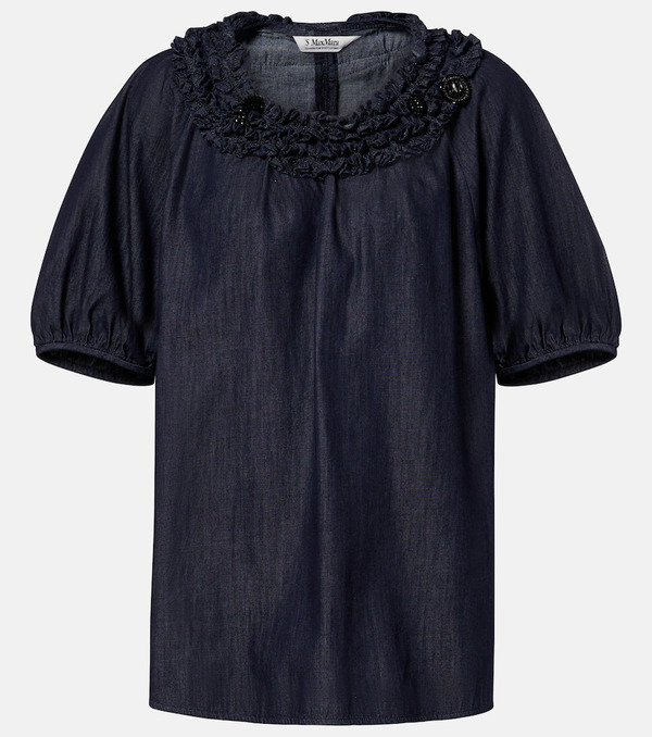  's Max Mara 's Max Mara Embellished Ruffled Denim Blouse 