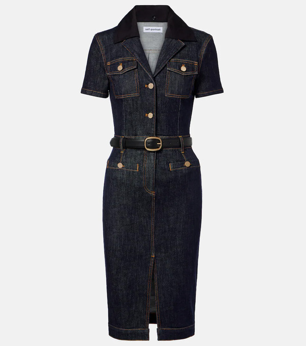  Self-portrait Self-portrait Belted Denim Midi Dress 