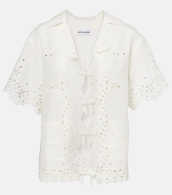  Self-portrait Self-portrait Embroidered Cutout Linen And Cotton Top 