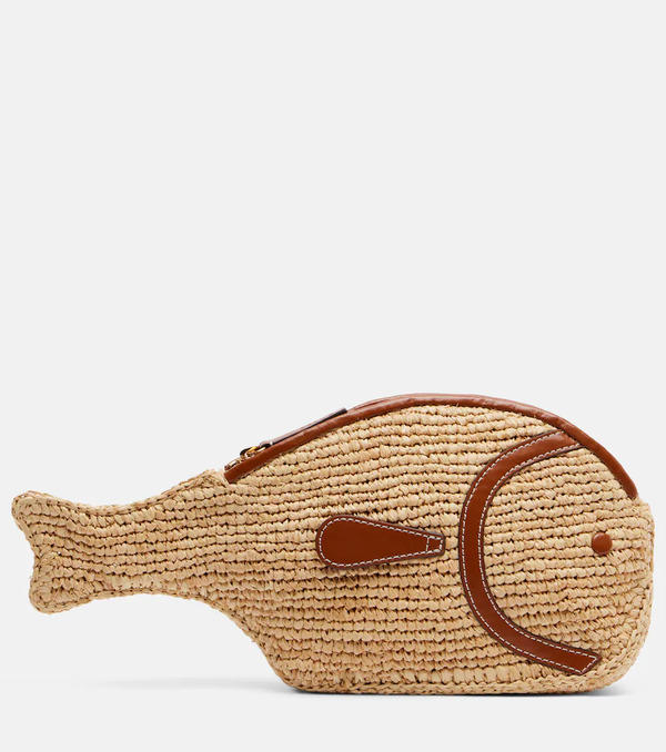  Staud Staud Pesce Leather-trimmed Raffia Clutch 