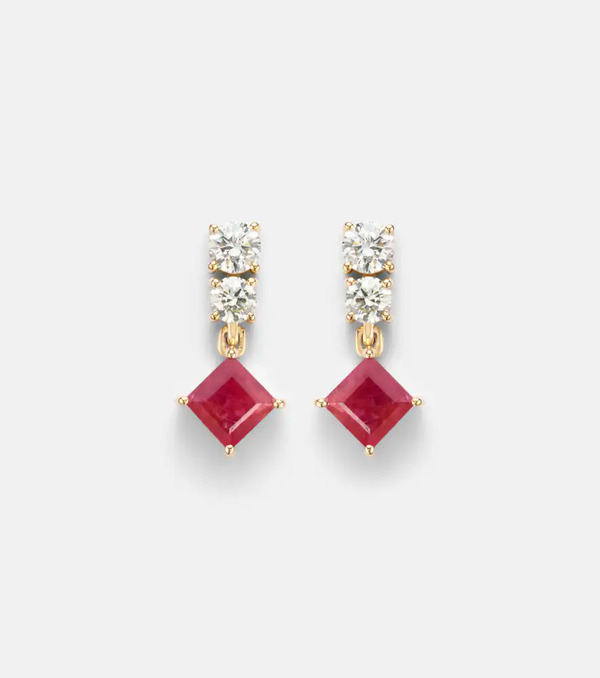  Stone And Strand Stone And Strand 14kt Gold Earrings With Diamonds, Pink Sapphire, And Ruby 
