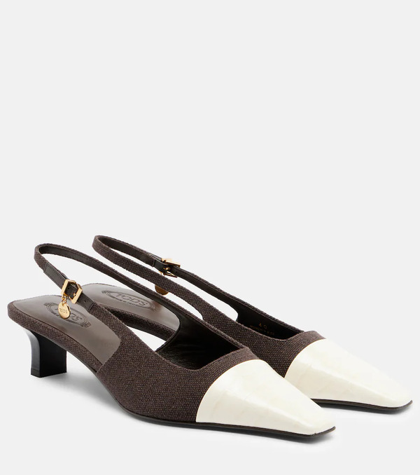  Tod's Tod's Leather-trimmed Canvas Slingback Pumps 