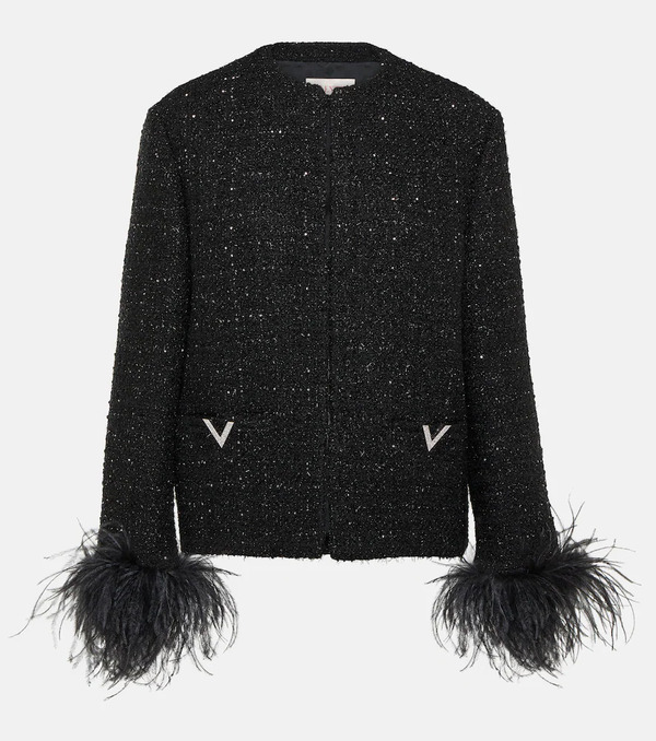  Valentino Valentino Feather-trimmed Tweed Jacket 