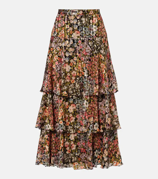  Valentino Valentino Floral Plissã© Tiered Silk Midi Skirt 