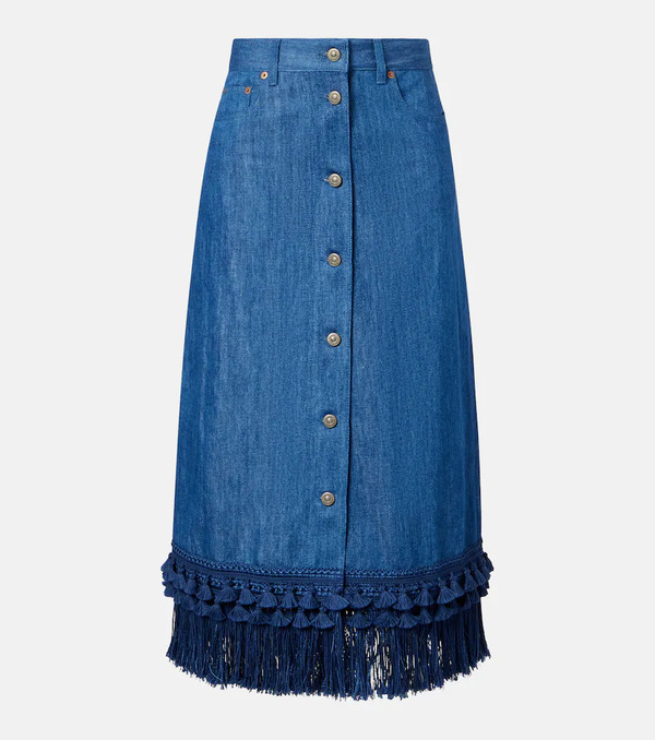  Valentino Valentino Fringed Denim Midi Skirt 