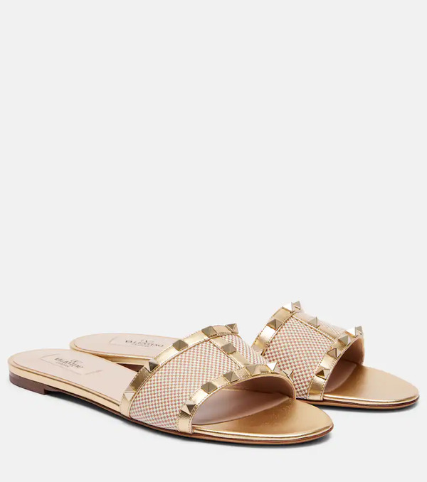  Valentino Garavani Valentino Garavani Rockstud Leather-trimmed Slides 