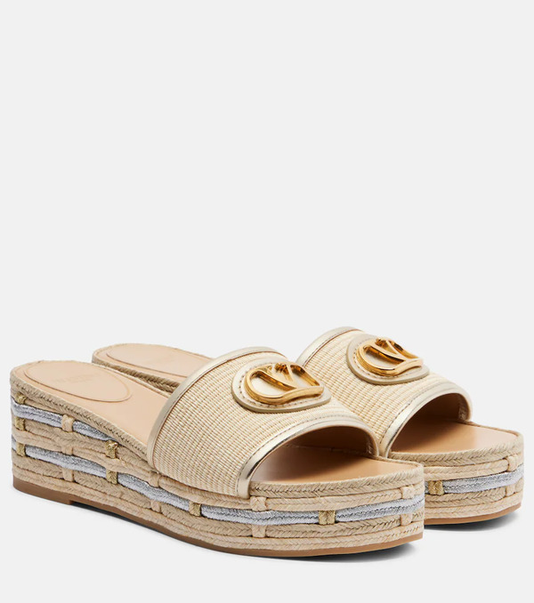 Valentino Garavani Valentino Garavani Vlogo Leather-trimmed Espadrille Slides 