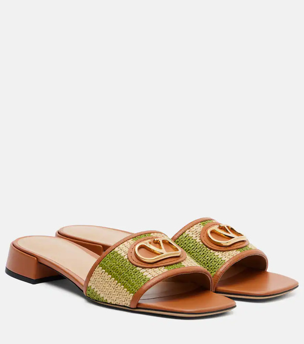  Valentino Garavani Valentino Garavani Vlogo Leather-trimmed Raffia Slides 