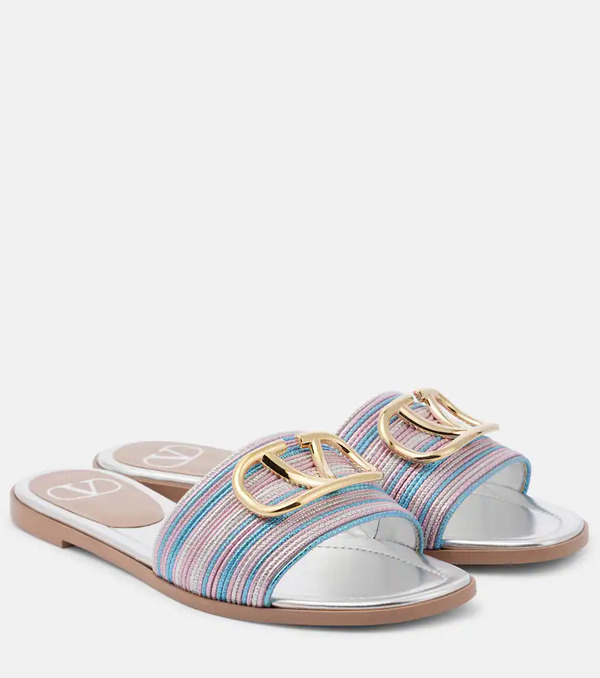  Valentino Garavani Valentino Garavani Vlogo Metallic Leather Slides 