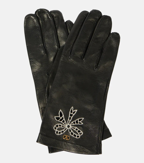  Valentino Garavani Valentino Garavani Vlogo Signature Embroidered Leather Gloves 