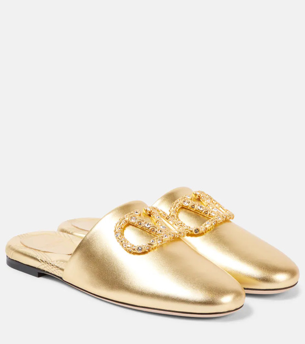  Valentino Garavani Valentino Garavani Vlogo Signature Metallic Leather Slides 