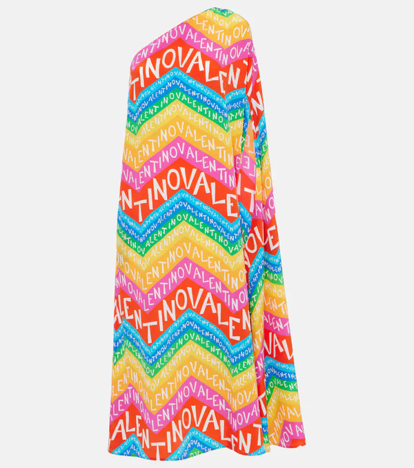  Valentino Valentino Logo One-shoulder Silk Midi Dress 