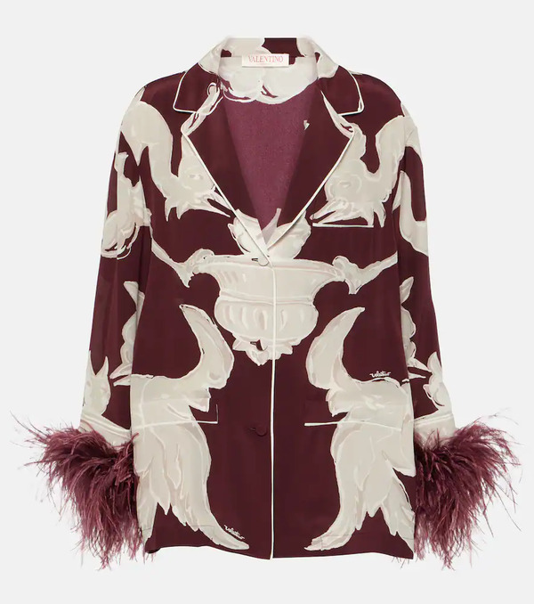  Valentino Valentino Printed Feather-trimmed Silk Crãªpe De Chine Blouse 