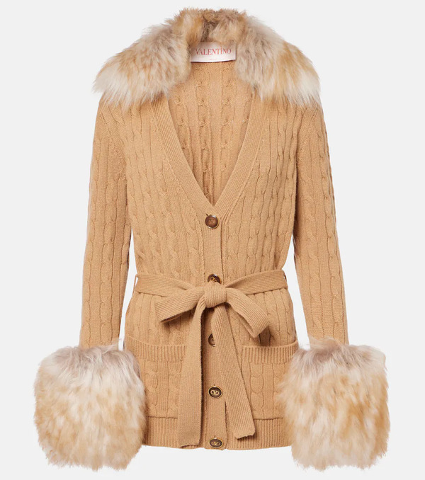  Valentino Valentino Shearling-trimmed Cashmere Cardigan 
