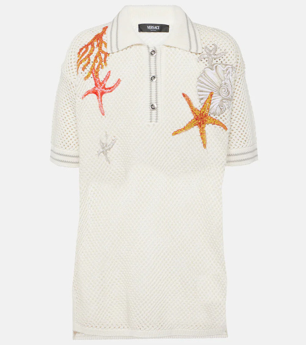  Versace Versace Embroidered Crochet Cotton Polo Shirt 