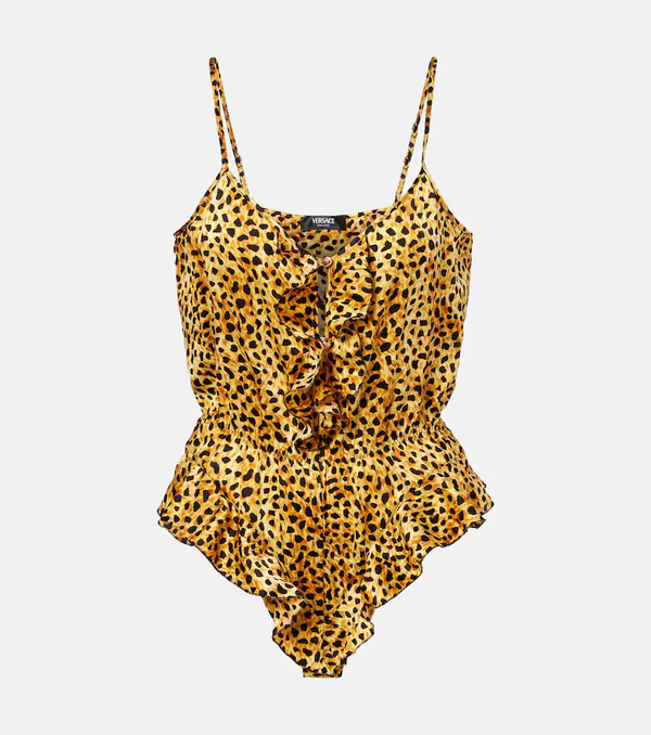  Versace Versace Leopard-print Silk Satin Bodysuit 