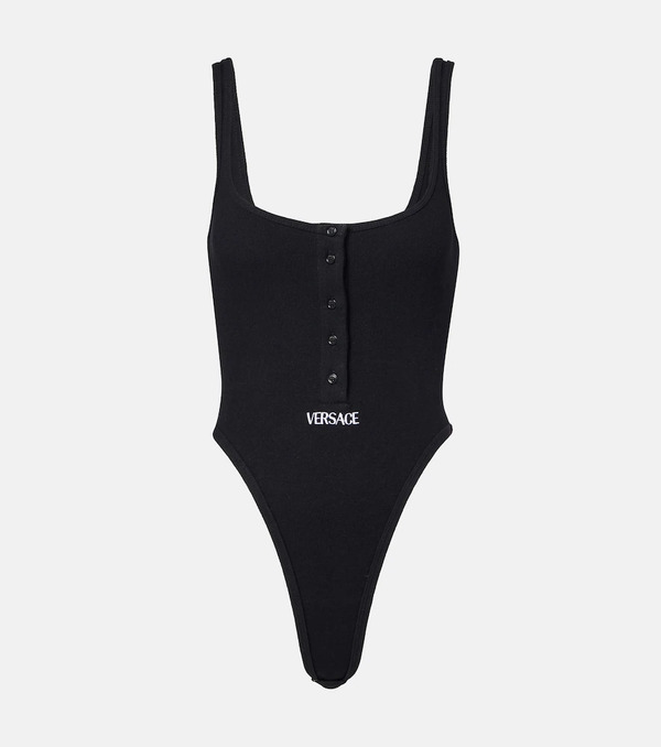  Versace Versace Ribbed-knit Logo Cotton-blend Bodysuit 