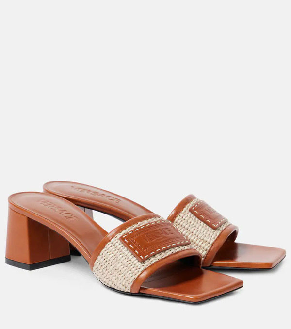  Versace Versace Theia Barocco Leather-trimmed Raffia Mules 