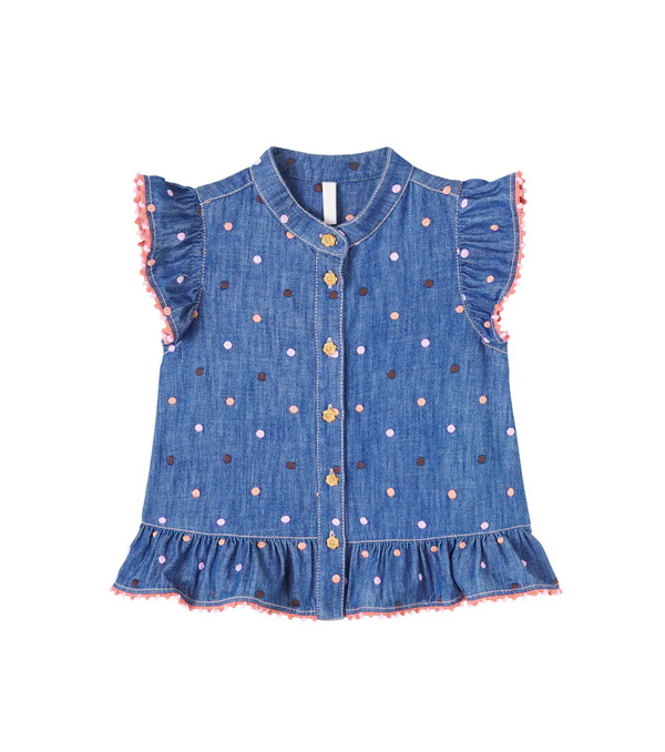  Zimmermann Kids Zimmermann Kids Embroidered Polka-dot Ruffled Denim Top 