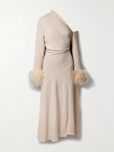  16arlington 16arlington - Adelaide One-shoulder Feather-trimmed Crepe Maxi Dress - Blush 