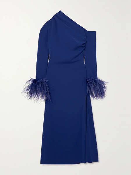  16arlington 16arlington - Adelaide One-shoulder Feather-trimmed Crepe Midi Dress - Blue 