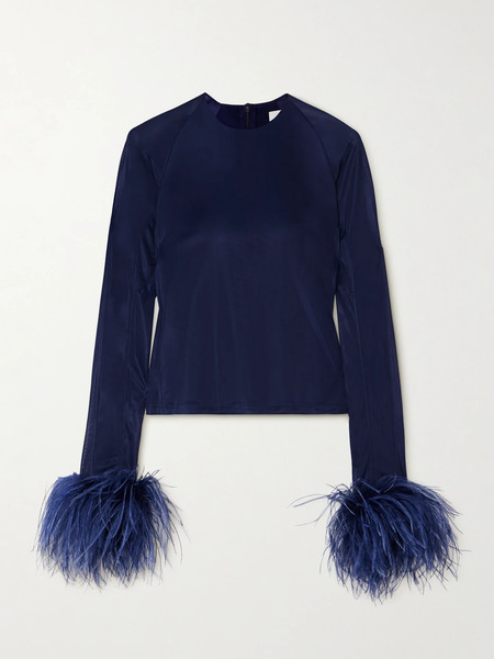  16arlington 16arlington - Alero Feather-trimmed Cropped Mesh Top - Navy 