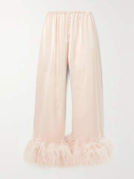  16arlington 16arlington - Mandrake Cropped Feather-trimmed Stretch-satin Wide-leg Pants - Blush 