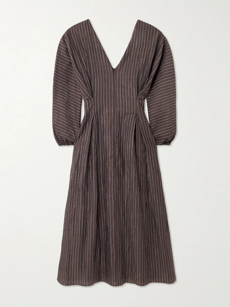  Abadia Abadia - Amaya Striped Pleated Linen-blend Midi Dress - Brown 