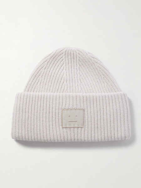  Acne Studios Acne Studios - Appliquéd Ribbed Wool And Yak Hair-blend Beanie - Light Gray 
