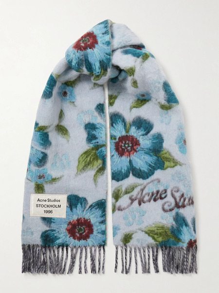  Acne Studios Acne Studios - Fringed Appliquéd Floral-print Brushed Wool-blend Scarf - Blue 