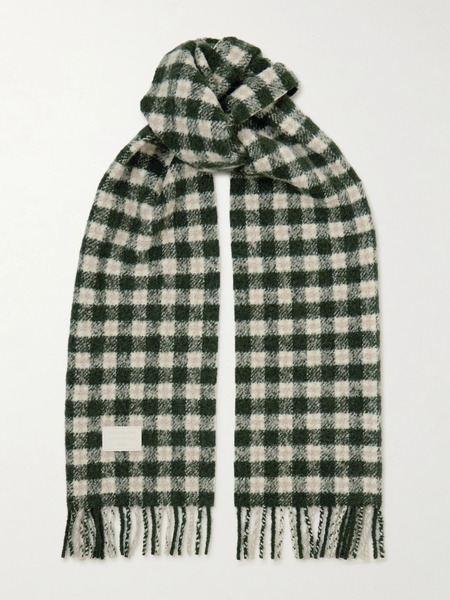  Acne Studios Acne Studios - Fringed Leather-trimmed Checked Brushed-knit Scarf - Dark Green 