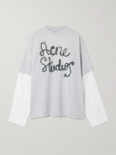  Acne Studios Acne Studios - Layered Embroidered Cotton-jersey And Poplin T-shirt - Light Blue 