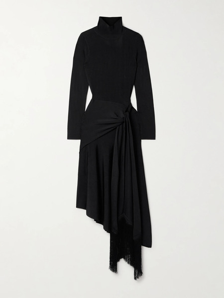  Adam Lippes Adam Lippes - Asymmetric Draped Fringed Stretch-knit Turtleneck Midi Dress - Black 