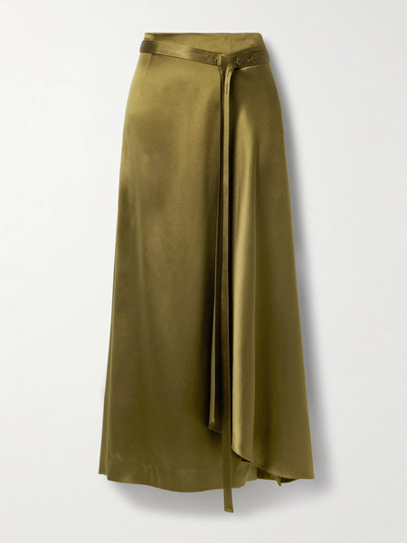  Adam Lippes Adam Lippes - Bruna Wrap-effect Belted Silk-charmeuse Midi Skirt - Army Green 