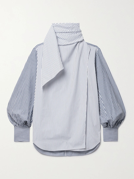  Adam Lippes Adam Lippes - Foulard Draped Striped Cotton-poplin Turtleneck Blouse - Blue 
