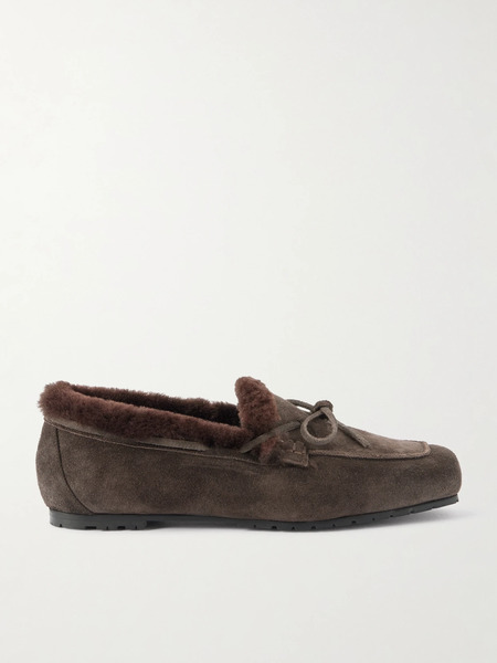  Aeyde Aeyde - Jasper Bow-detailed Shearling-lined Suede Loafers - Dark Brown 