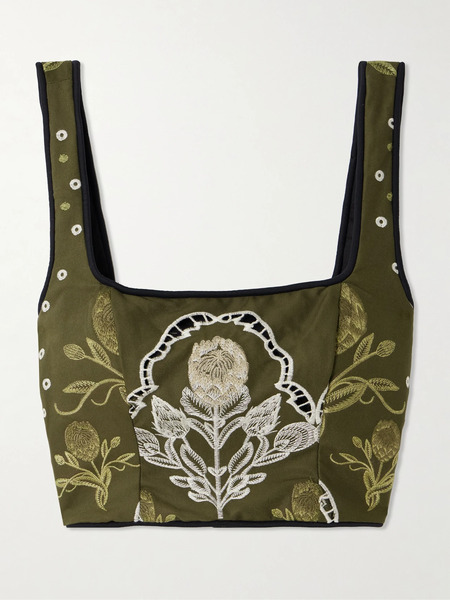  Agua By Agua Bendita Agua By Agua Bendita - Amanda Relato Cropped Embroidered Piped Cotton-blend Poplin Bustier Top - Green 
