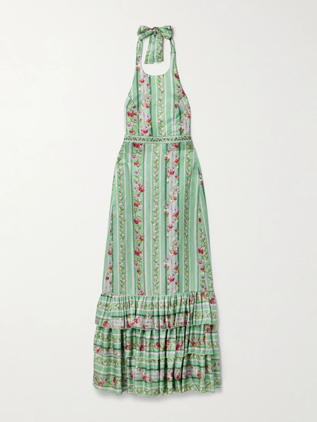  Agua By Agua Bendita Agua By Agua Bendita - Magnolia Honeysuckle Tiered Embroidered Floral-print Linen And Silk-blend Halterneck Maxi Dress - Green 