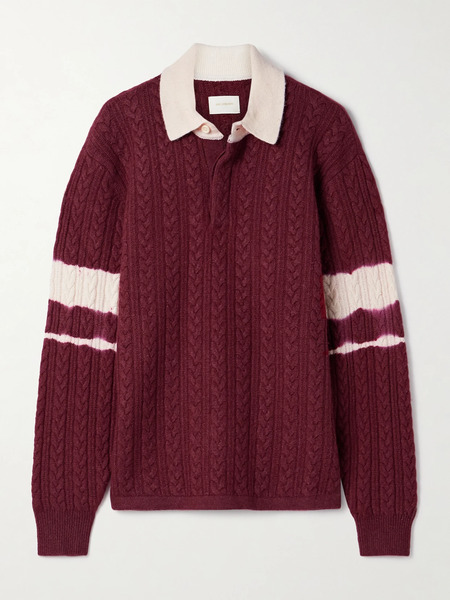  Aimé Leon Dore Aimé Leon Dore - Cable-knit Striped Wool And Cotton-blend Polo Shirt - Burgundy 