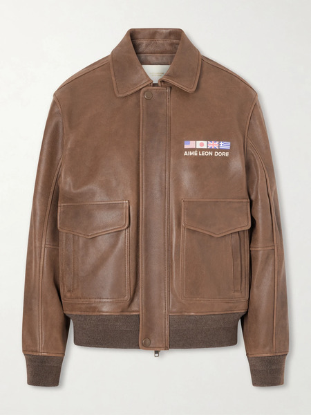  Aimé Leon Dore Aimé Leon Dore - World's Borough Printed Leather Jacket - Brown 