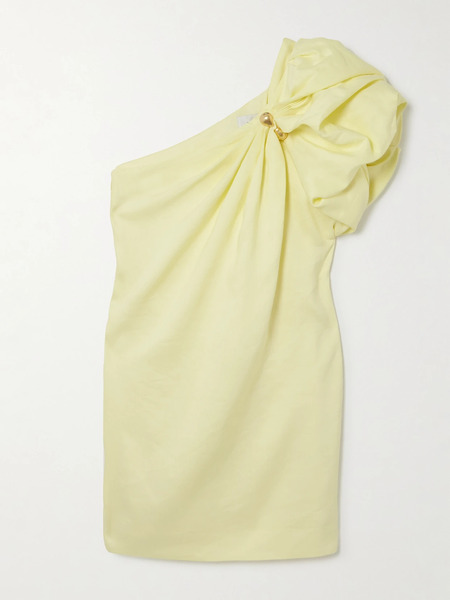  Aje Aje - Cira One-shoulder Embellished Draped Linen-blend Mini Dress - Pastel Yellow 