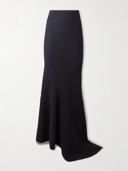  Alaïa Alaïa - Asymmetric Ribbed Wool And Cashmere-blend Skirt - Navy 