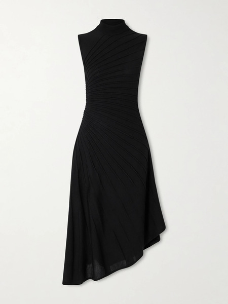  Alaïa Alaïa - Asymmetric Ribbed Wool Turtleneck Midi Dress - Black 