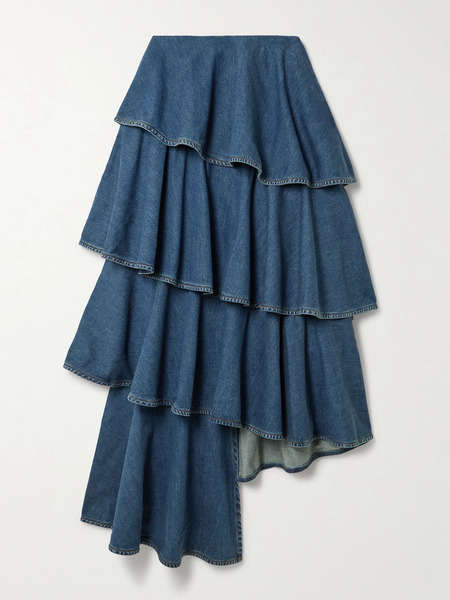  Alaïa Alaïa - Asymmetric Ruffled Tiered Denim Skirt - Dark Denim 