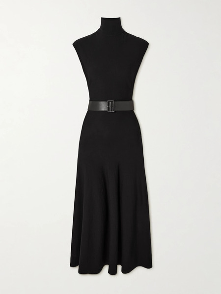  Alaïa Alaïa - Belted Leather-trimmed Wool-blend Turtleneck Midi Dress - Black 