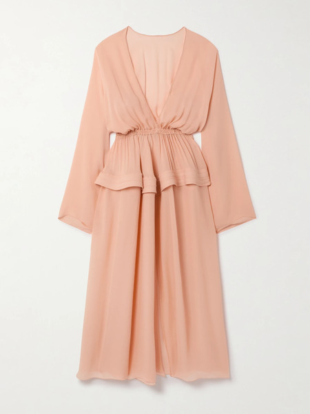  Alaïa Alaïa - Gathered Georgette Peplum Midi Dress - Peach 