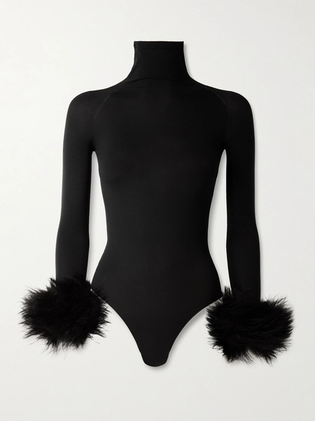  Alaïa Alaïa - Shearling-trimmed Stretch-jersey Turtleneck Bodysuit - Black 