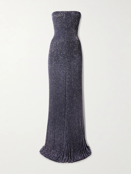  Alaïa Alaïa - Strapless Sequin-embellished Metallic Ribbed-knit Gown - Navy 