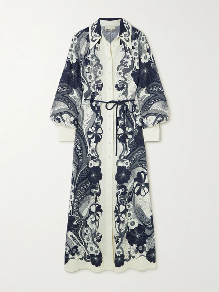  Alémais Alémais - Mickey Belted Printed Linen-gauze Maxi Shirt Dress - Navy 